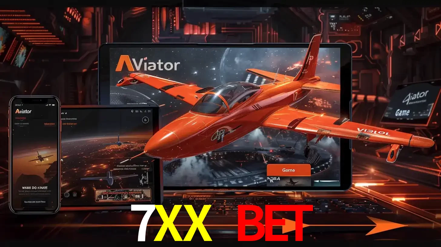 Apresentação tecnológica do jogo Aviator com um avião saindo da tela de um tablet, demonstrando a experiência imersiva em múltiplos dispositivos no 7XX BET.