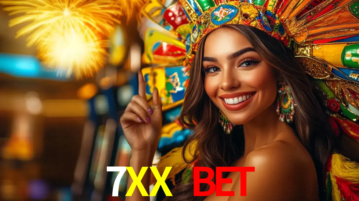 Mulher sorridente com um cocar de carnaval vibrante e colorido, celebrando uma grande vitória nos jogos do cassino 7XX BET com fogos de artifício ao fundo.
