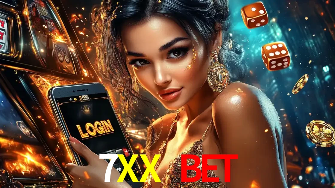 Mulher glamourosa segurando um celular com a tela de login do cassino 7XX BET, rodeada por dados e moedas douradas, pronta para começar a diversão.