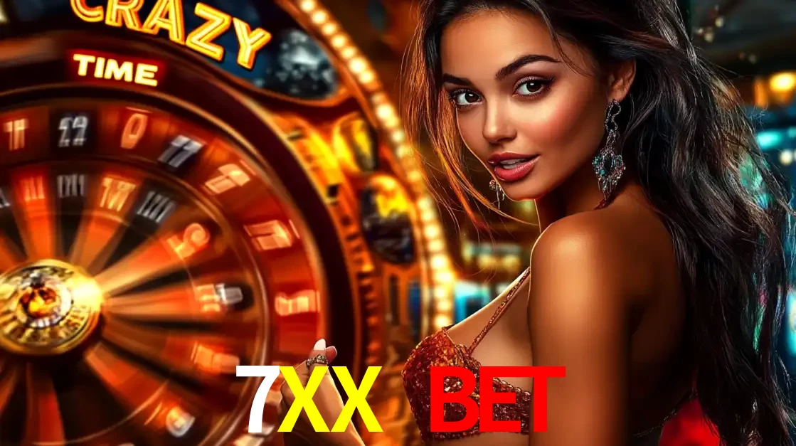 Mulher ao lado da roda de prêmios do jogo de cassino ao vivo Crazy Time, um dos shows de jogos mais emocionantes oferecidos pela plataforma de apostas 7XX BET.