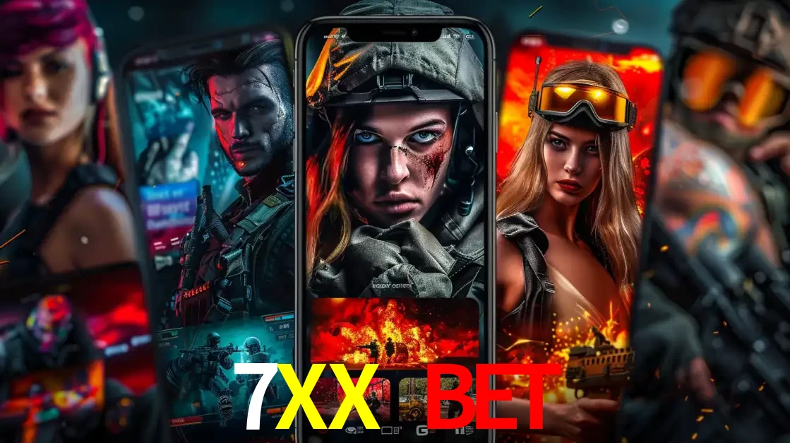 Montagem de telas de celular mostrando diversos personagens, masculinos e femininos, de um jogo de tiro, ilustrando a diversidade de equipes de e-sports para apostar no 7XX BET.
