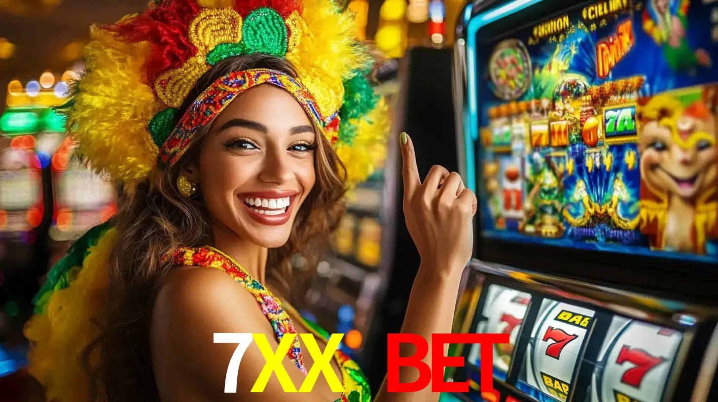 Mulher animada com um cocar de carnaval apontando para uma máquina de caça-níqueis, mostrando a emoção de ganhar um grande prêmio nos jogos do 7XX BET.