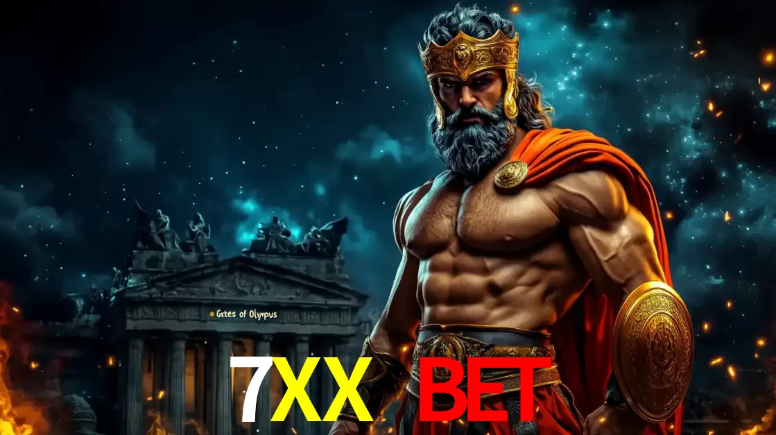 O poderoso Zeus do jogo de slot Gates of Olympus em frente ao seu templo, pronto para lançar multiplicadores divinos e prêmios épicos no cassino online 7XX BET.