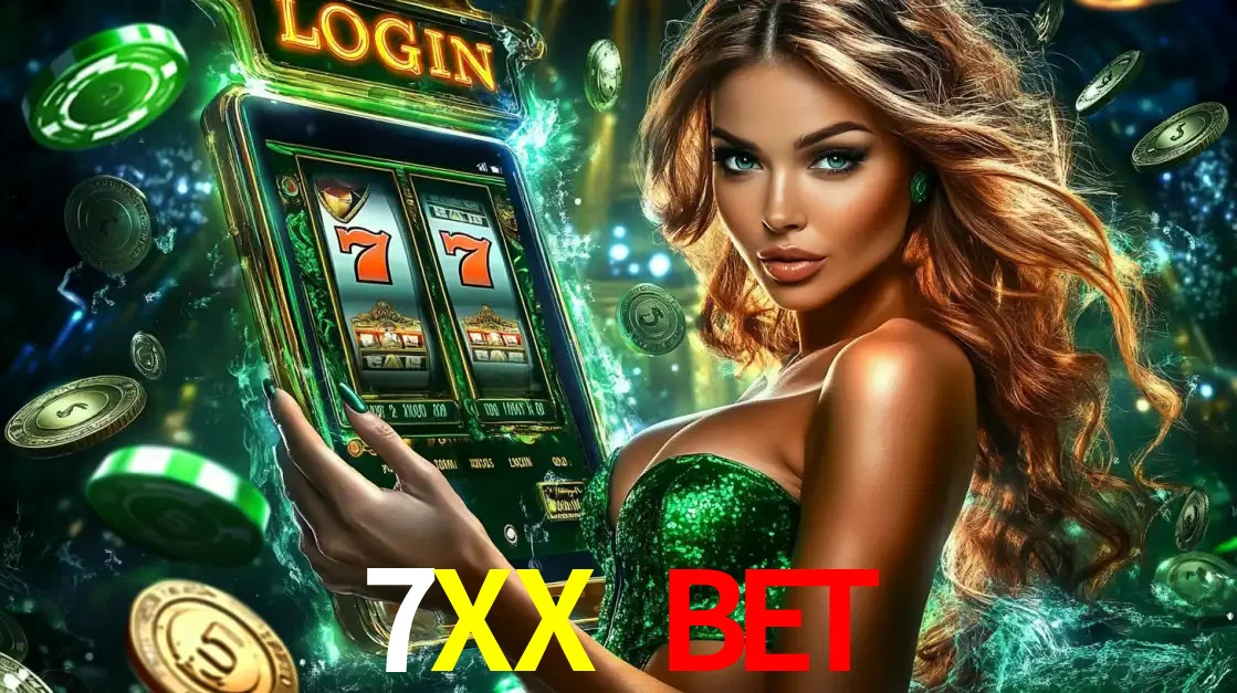 Mulher com tema verde apresentando o aplicativo do cassino 7XX BET com um jogo de slot de 777, cercada por fichas de cassino e uma aura de sorte.
