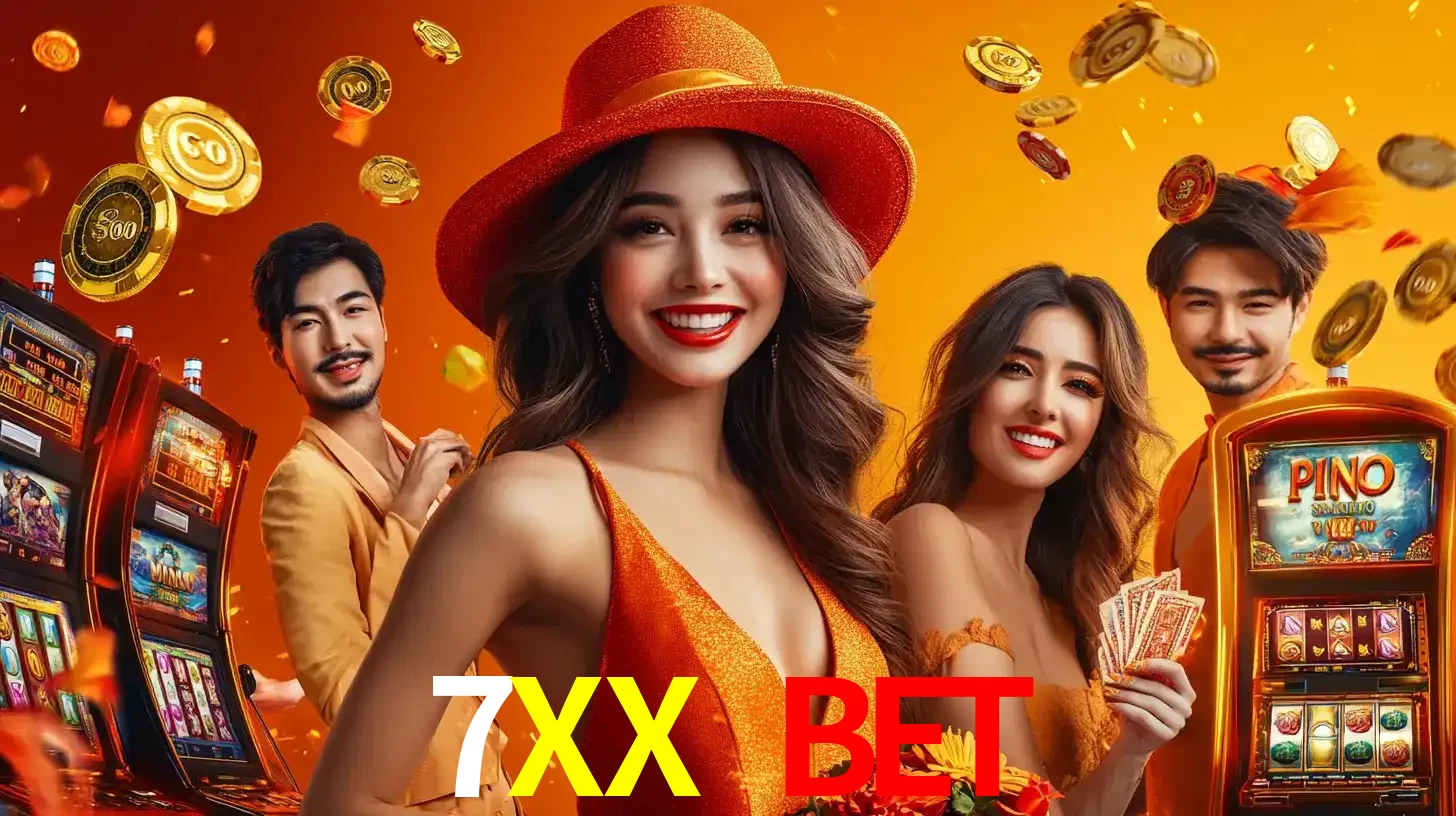 Grupo de amigos asiáticos sorrindo e se divertindo com máquinas de caça-níqueis em um ambiente festivo, celebrando suas vitórias nos jogos de cassino do 7XX BET.