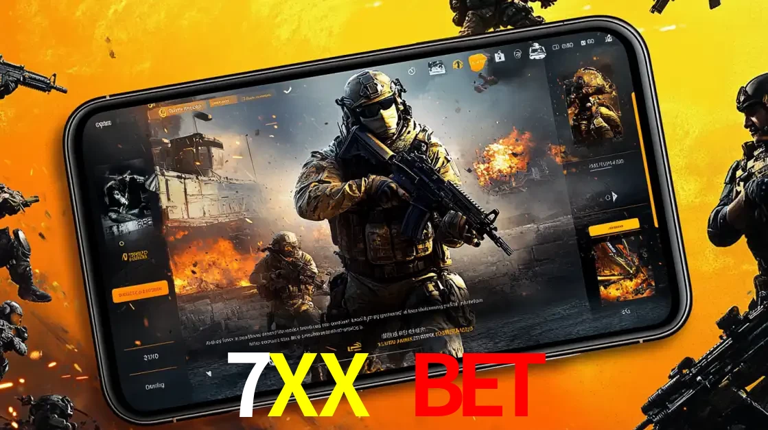 Um smartphone exibindo a interface de um jogo de tiro em primeira pessoa, com um soldado em um cenário de batalha, representando a ação dos e-sports para apostar no 7XX BET.