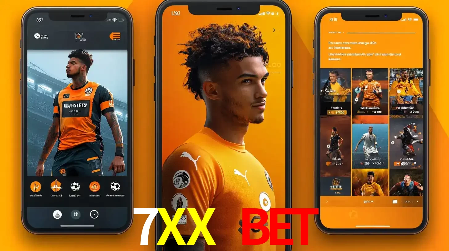 Interface do aplicativo de apostas esportivas 7XX BET em três telas de celular, mostrando o perfil de um jogador de futebol e a lista de jogos disponíveis para apostar.
