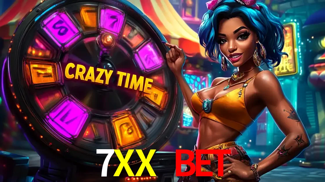 Mulher estilizada com cabelo azul e visual vibrante posando ao lado da roda de prêmios do game show Crazy Time, convidando para a diversão e os bônus do cassino 7XX BET.