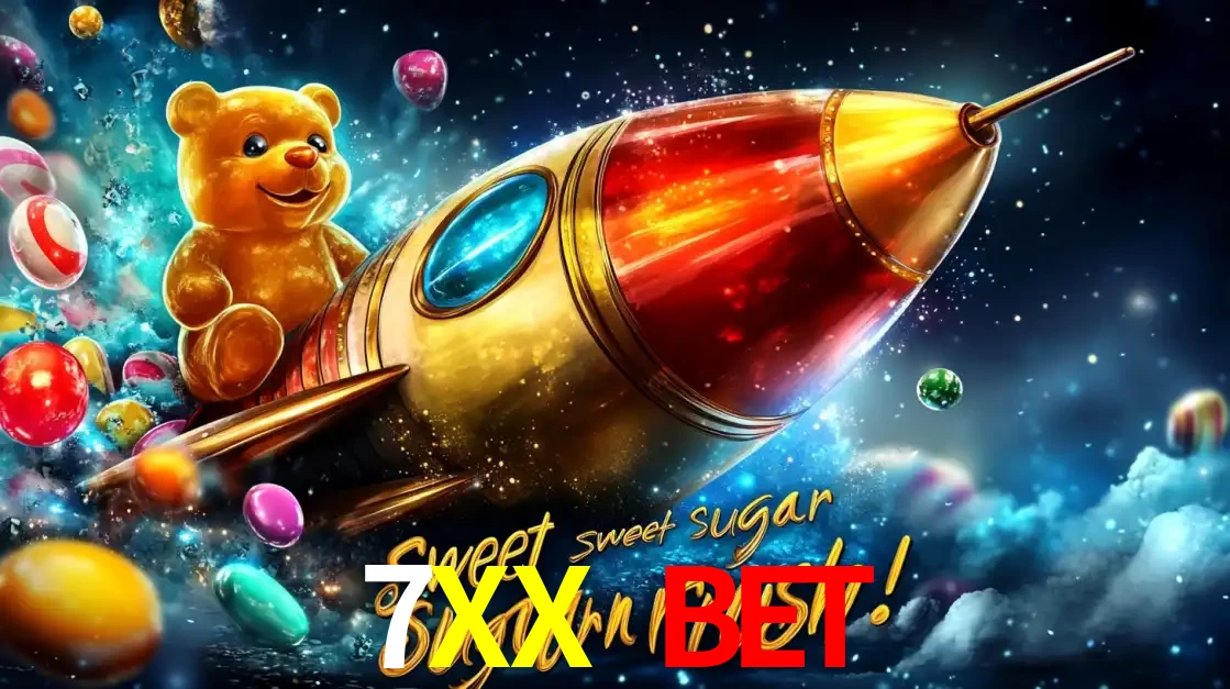 Arte promocional do jogo de slot Sugar Rush, com um urso de pelúcia em um foguete viajando pelo espaço de doces, um dos jogos divertidos disponíveis no cassino 7XX BET.