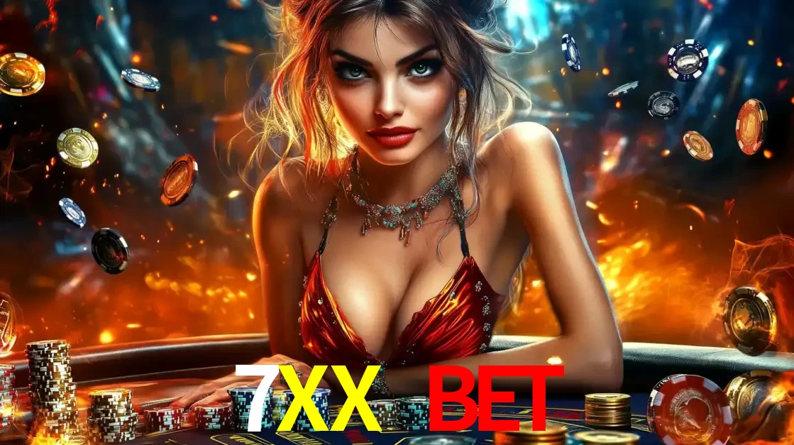 Mulher em uma mesa de cassino com pilhas de fichas e um fundo de fogo, pronta para uma rodada de altas apostas nos jogos de mesa emocionantes do cassino 7XX BET.