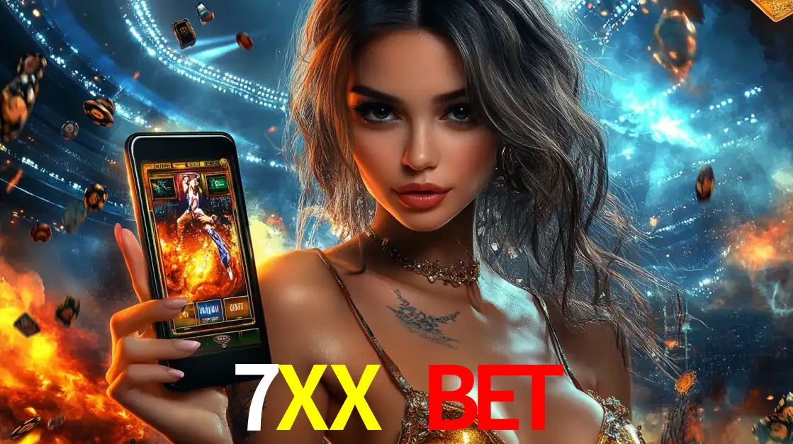 Mulher segurando um celular com um jogo de slot em destaque, tendo como fundo um estádio vibrante, simbolizando a emoção de jogar no cassino móvel 7XX BET.