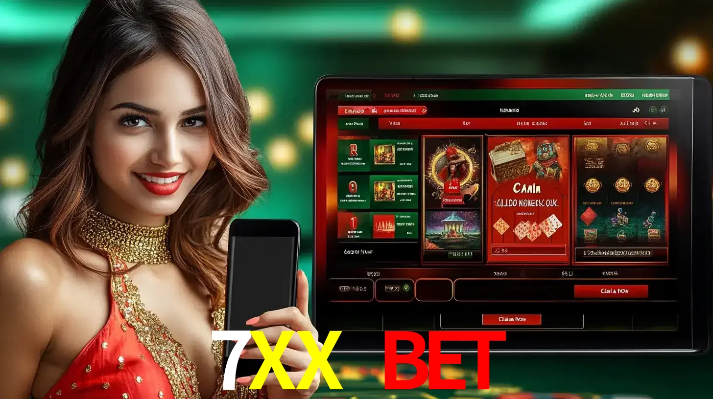 Mulher sorridente segurando um smartphone, ao lado de uma tela exibindo o lobby de jogos do cassino online 7XX BET, com várias opções de jogos de cartas e slots.